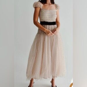Women’s Elegant Polka Dot tulle Dress with Black Bow belt